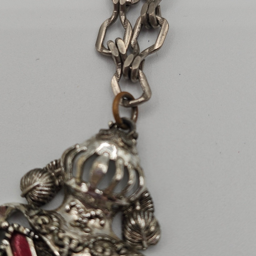 Medieval Style Crest Shield Pendant Necklace Heraldic Silver Tone Red Crown - Picture 8 of 10